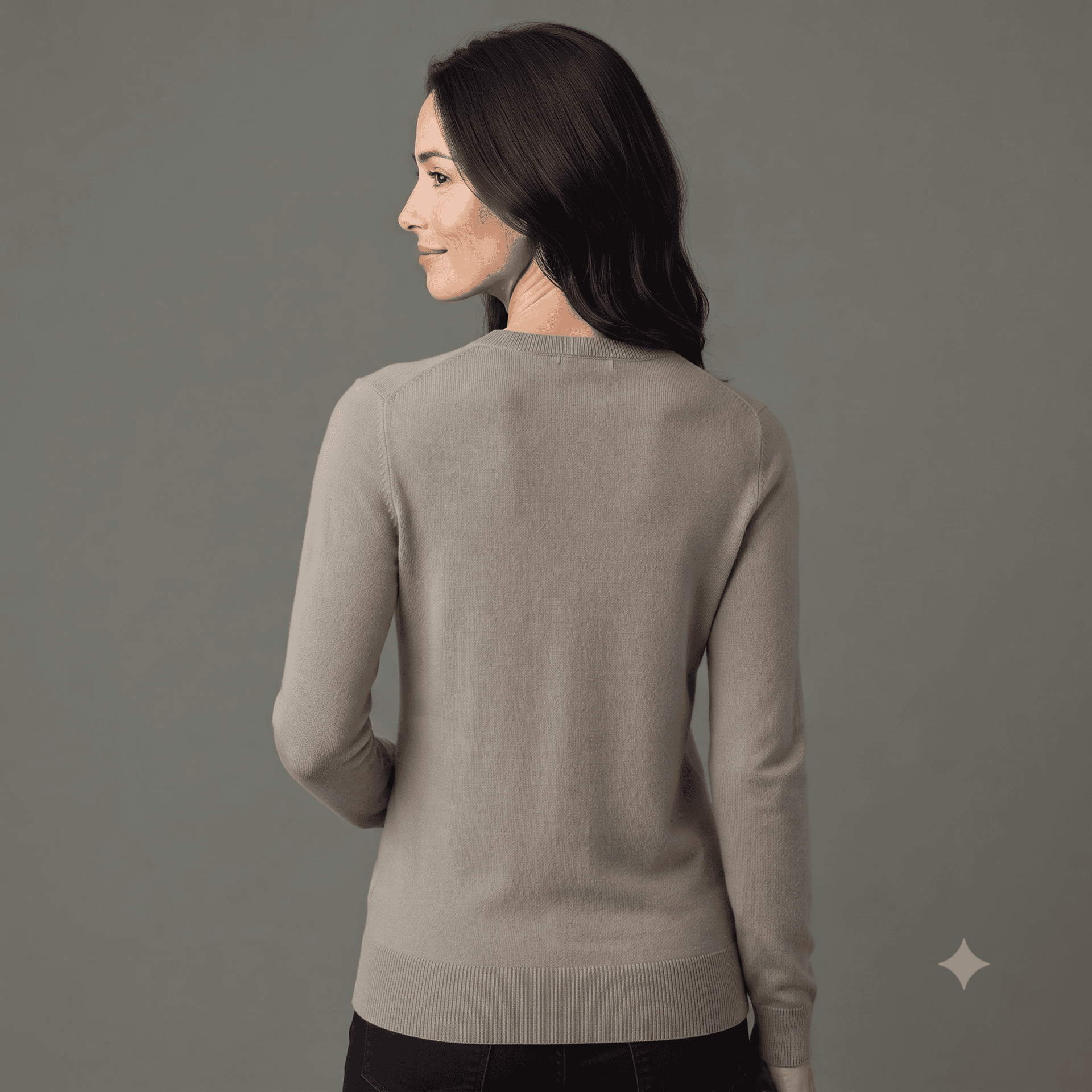Seide-Cashmere Twin-Set Cashmere Twinset in Beige mit Rippbündchen an Ärmeln und Saum, Rückenansicht am Model