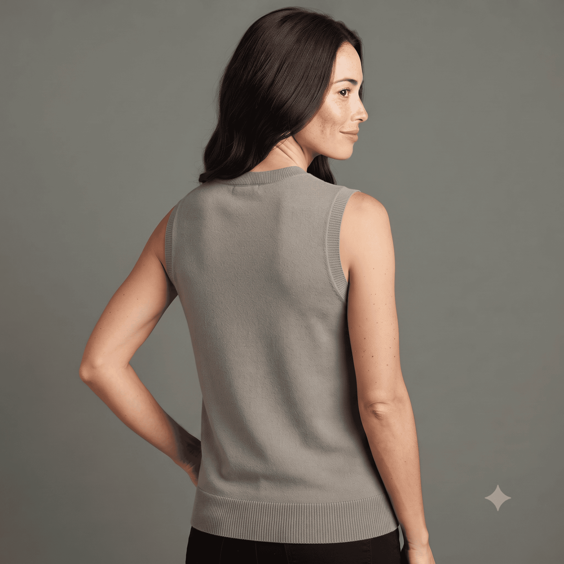 Seide-Cashmere Twin-Set Beiges ärmelloses Top aus einem Seide-Cashmere Twinset, Rückenansicht am Model