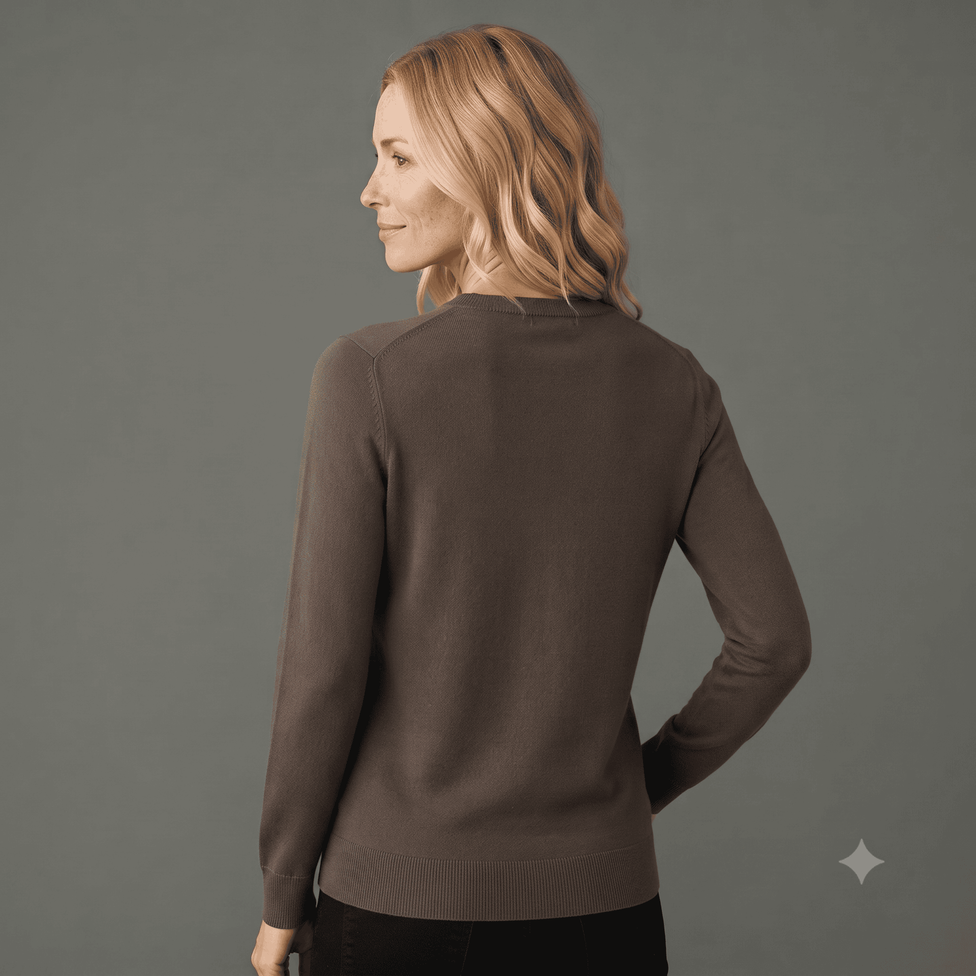 Seide-Cashmere Twin-Set Modisches Seide Cashmere Twinset, dunkelbrau, Rückenansicht. Ideal für einen eleganten und bequemen Look.