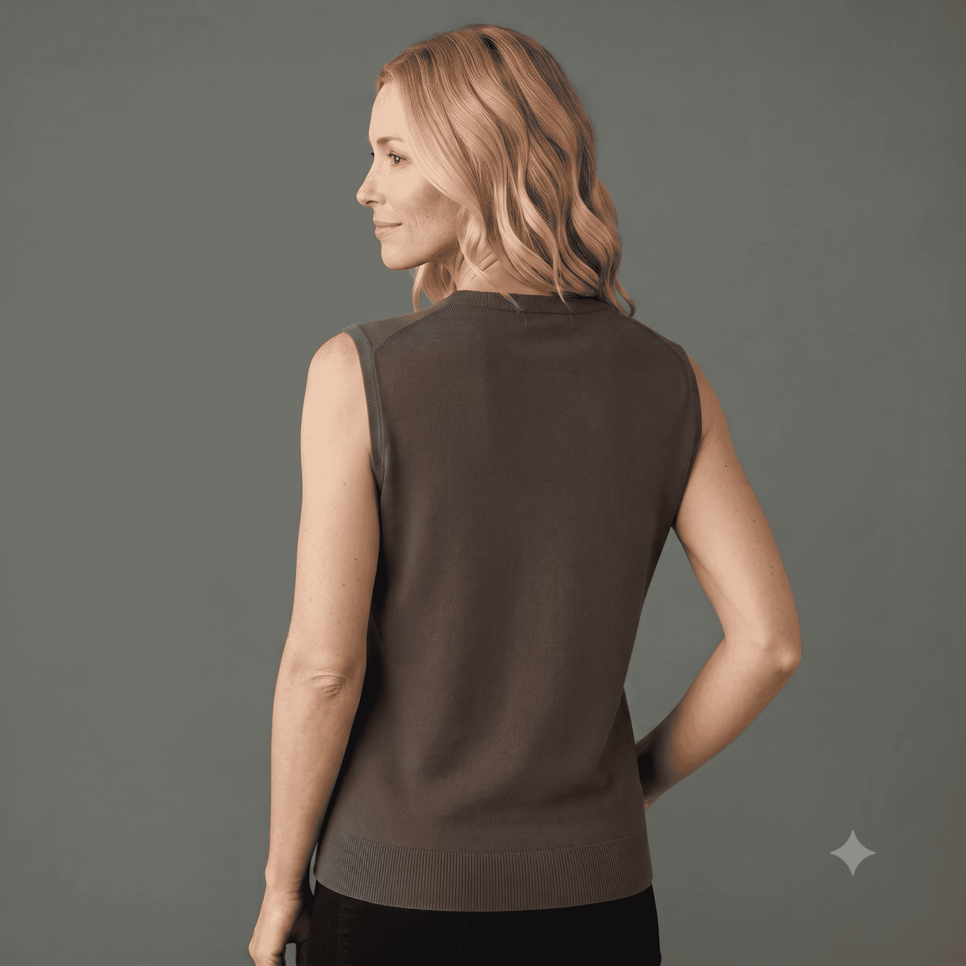 Seide-Cashmere Twin-Set Braunes ärmelloses Top aus einem Seide-Cashmere Twinset, Rückenansicht am Model